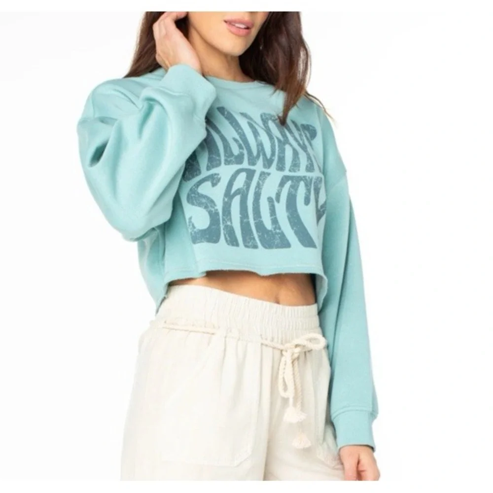 Roxy Womens XS Morning Hike Cropped Sweatshirt Blue Always Salty Fleece Beach